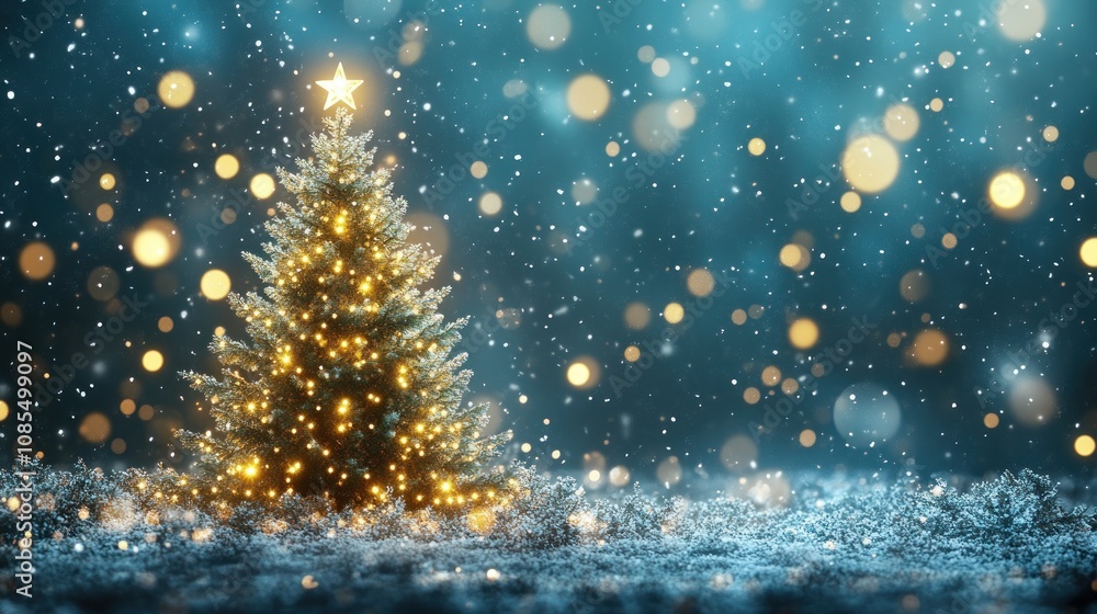 A snowy Christmas tree adorned with lights. A snowy Christmas tree adorned with lights.