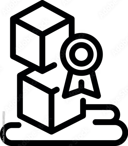 Blockchain technology receiving quality certification, represented by interconnected cubes and an award ribbon, symbolizing achievement and trust