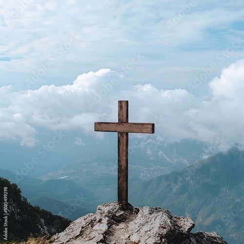 Wooden Cross Atop Mountain Peak with Breathtaking Landscape View