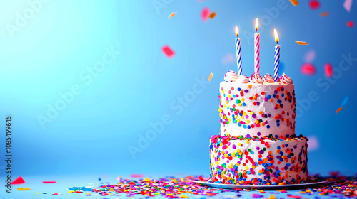 Children's party background. birthday cake with candles. confetti. festive. 