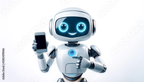 AI robot holding phone and showing on white screen of phone with smile and happy feeling on white