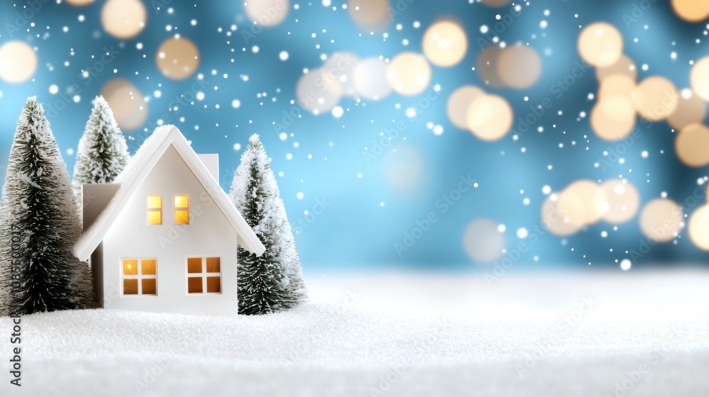 Fototapeta premium Cozy Winter Scene Featuring Icy Trees and Soft Snowfall in a Northern Setting with a Charming House Surrounded by Glittering Winter Lights