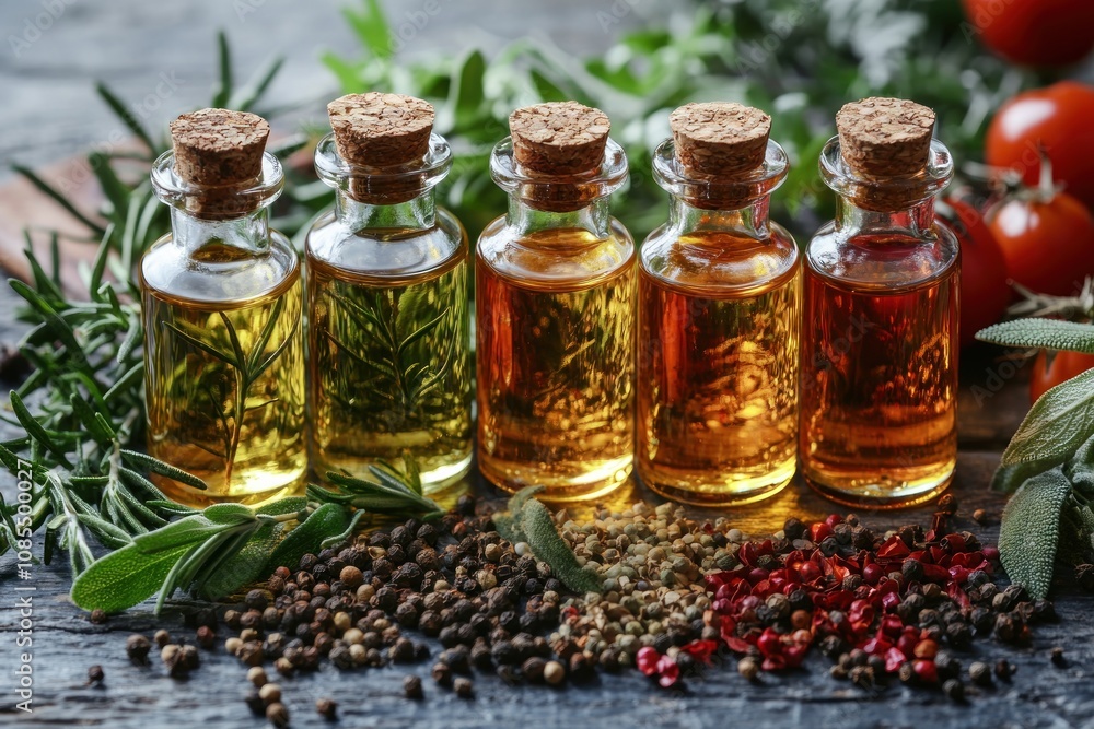 Bottles of infused oils with herbs and spices. Bottles of infused oils with herbs and spices.