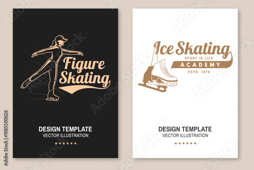 Set of Ice Skate club flyer, poster, banner. Concept for shirt or logo, print, stamp or tee with skate, skates blades and helmet . Winter sport. Vector illustration.