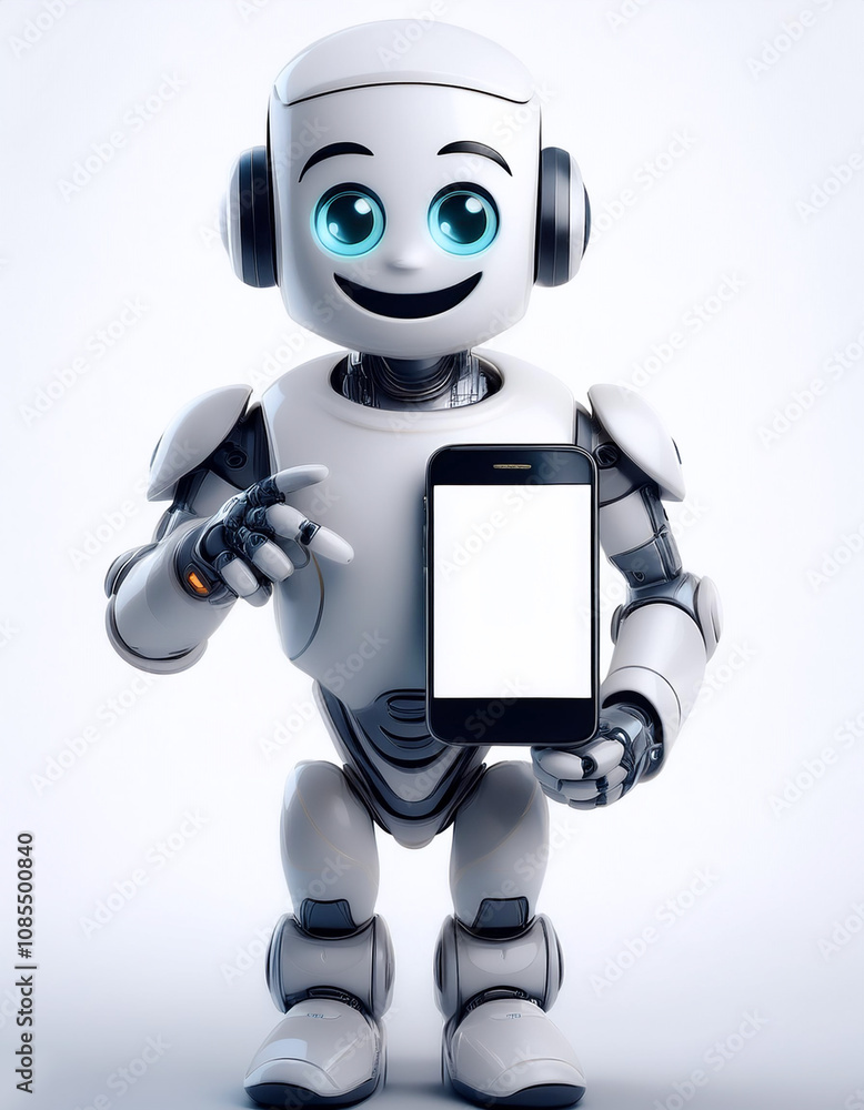 AI robot holding phone and showing on white screen of phone with smile and happy feeling on white AI robot holding phone and showing on white screen of phone with smile and happy feeling on white