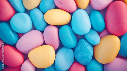 A close-up shot of colorful, smooth, round stones in a random arrangement.