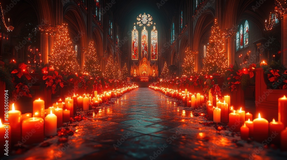 A beautifully lit church interior adorned with candles and festive decor. A beautifully lit church interior adorned with candles and festive decor.