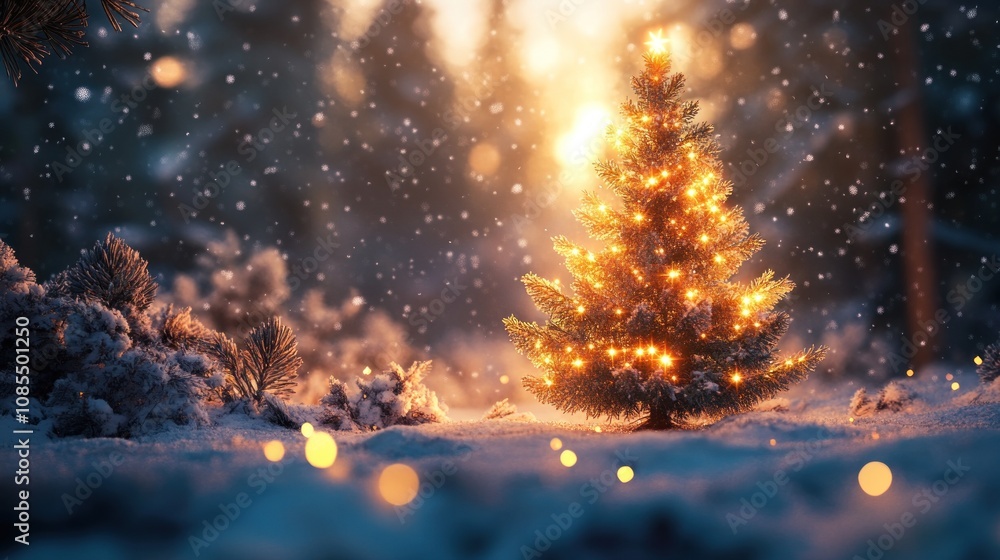 A glowing Christmas tree in a snowy forest. A glowing Christmas tree in a snowy forest.