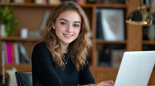 Smiling Young Professional Working in Cozy Workspace with Laptop