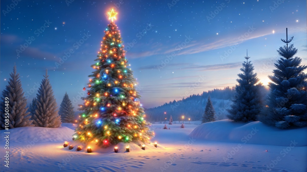 Christmas tree shining brightly in snowy landscape at twilight Christmas tree shining brightly in snowy landscape at twilight