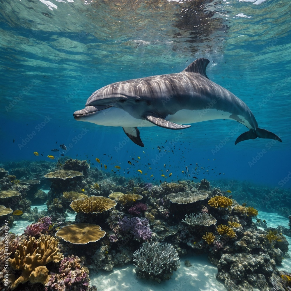 Fototapeta premium A dolphin swimming in crystal-clear water, with colorful coral reefs below.