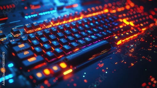 Futuristic keyboard with glowing circuitry.