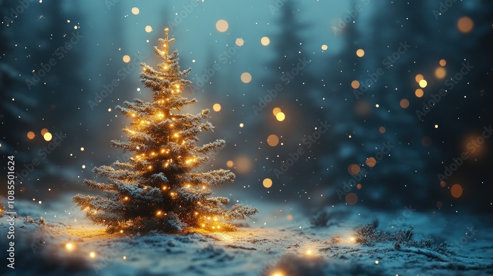 Snowy landscape with a decorated Christmas tree. Snowy landscape with a decorated Christmas tree.