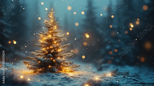 Snowy landscape with a decorated Christmas tree.