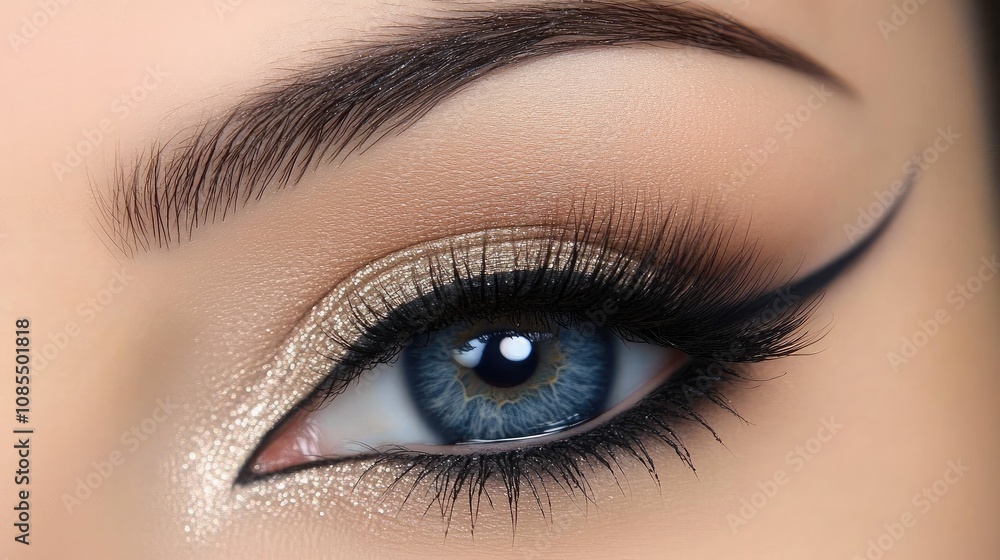 Obraz premium Close-Up View of Dazzling Eye Makeup with Bold Eyeliner, Shimmering Gold Shadows, and Long Lashes Enhancing Stunning Blue Eyes for Beauty Inspiration