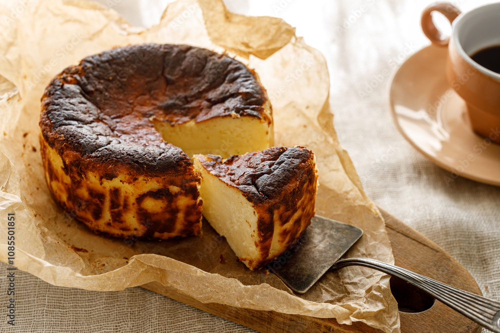 Fototapeta premium Traditional Basque cheesecake with cut portion on baking paper, close up view