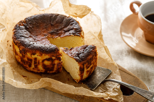 Traditional Basque cheesecake with cut portion on baking paper, close up view