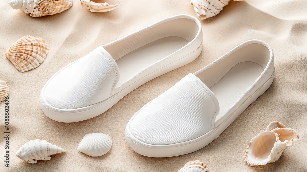 Pair of Minimalist White Slip-On Shoes Displayed on Soft Beige Sand Surrounded by Decorative Seashells, Perfect for Summer Vacations and Beach Outings Pair of Minimalist White Slip-On Shoes Displayed on Soft Beige Sand Surrounded by Decorative Seashells, Perfect for Summer Vacations and Beach Outings