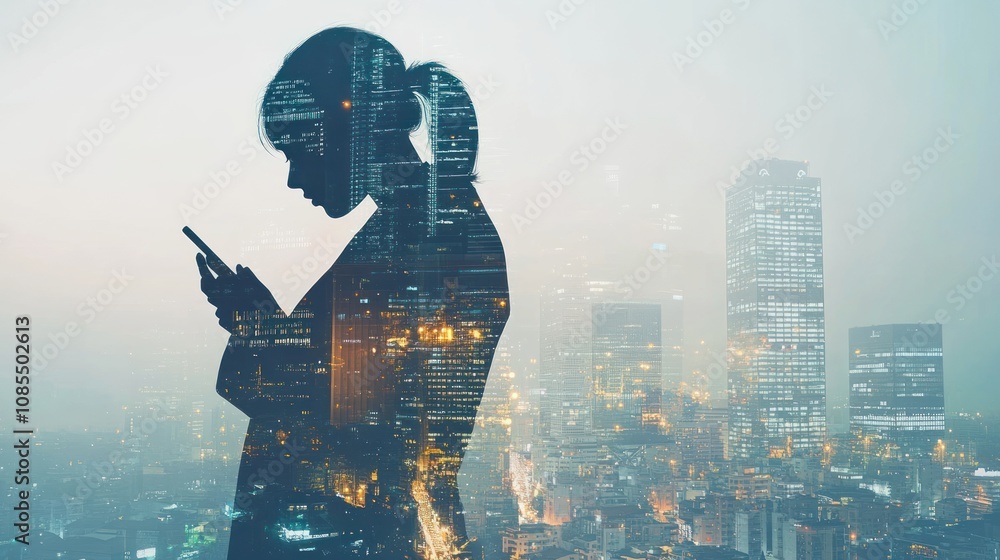 Silhouette of woman using smartphone with cityscape double exposure effect. Silhouette of woman using smartphone with cityscape double exposure effect.