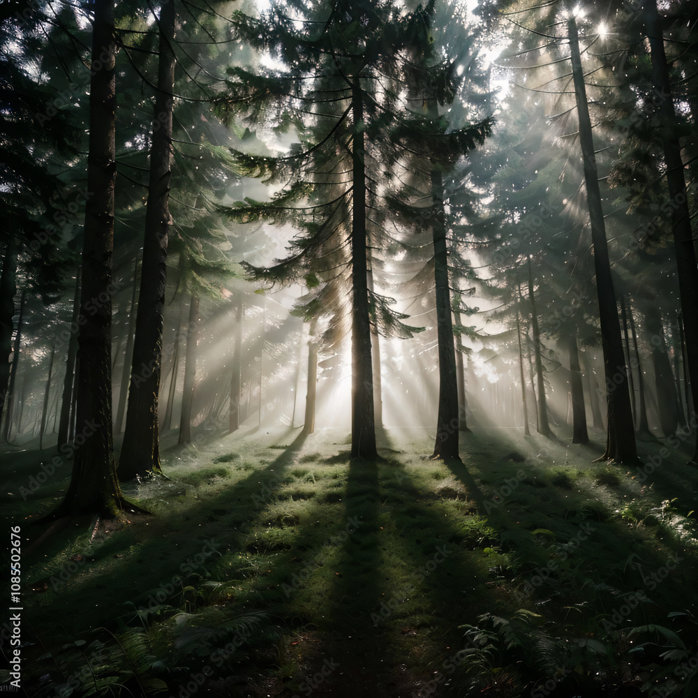 Fototapeta premium forest with thick fog and tall trees, where sunlight penetrates through the branches in the form of sharp light streaks. The shadows of the fog add a dramatic touch to the whole scene