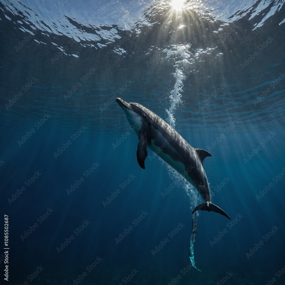 Fototapeta premium A dolphin gliding under the surface, illuminated by shimmering moonlight.