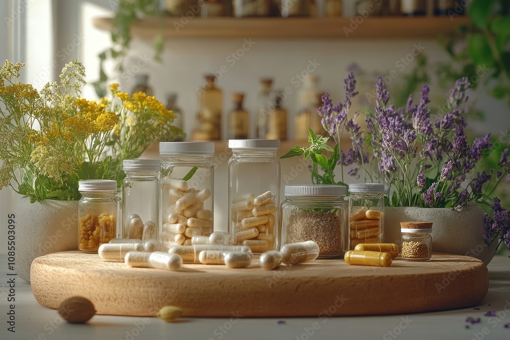 Herbal supplements and natural ingredients display. Herbal supplements and natural ingredients display.