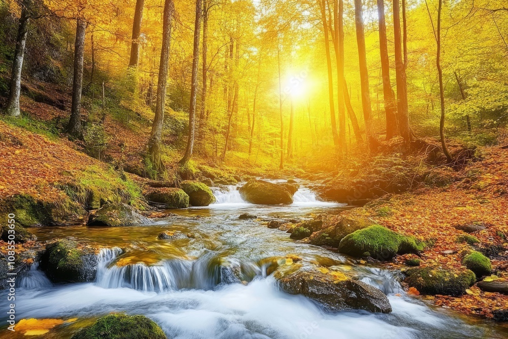 Tranquil Autumn River Scene with Flowing Water and Sunlight Filtering Through Golden Leaves in a Serene Forest Landscape Tranquil Autumn River Scene with Flowing Water and Sunlight Filtering Through Golden Leaves in a Serene Forest Landscape