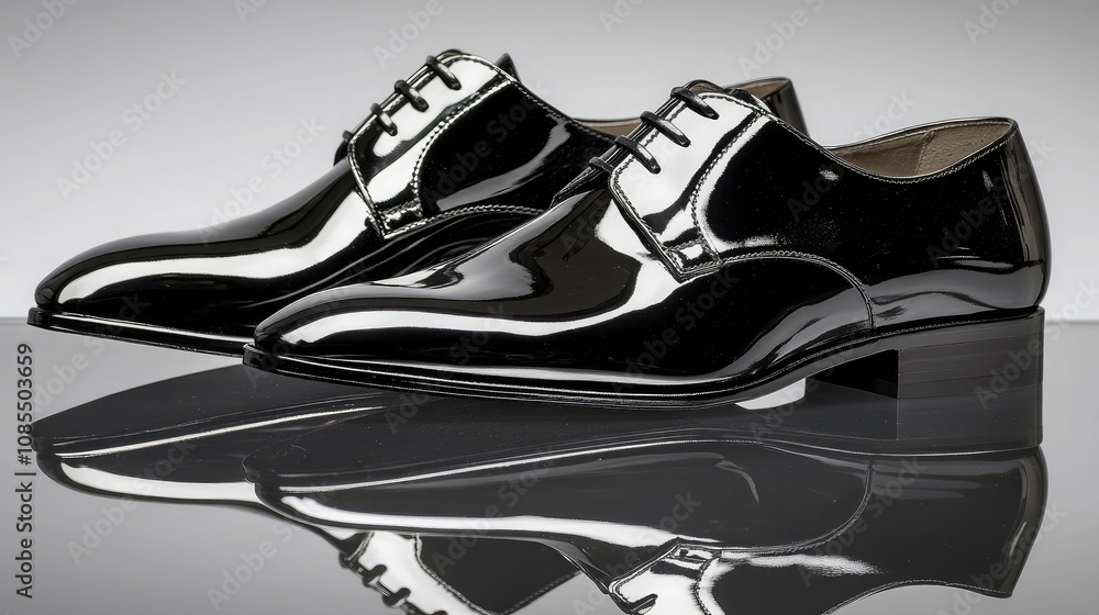 Elegant Black Patent Leather Dress Shoes for Men on a Reflective Surface Showcasing Classic Style and Sophistication for Formal Occasions Elegant Black Patent Leather Dress Shoes for Men on a Reflective Surface Showcasing Classic Style and Sophistication for Formal Occasions
