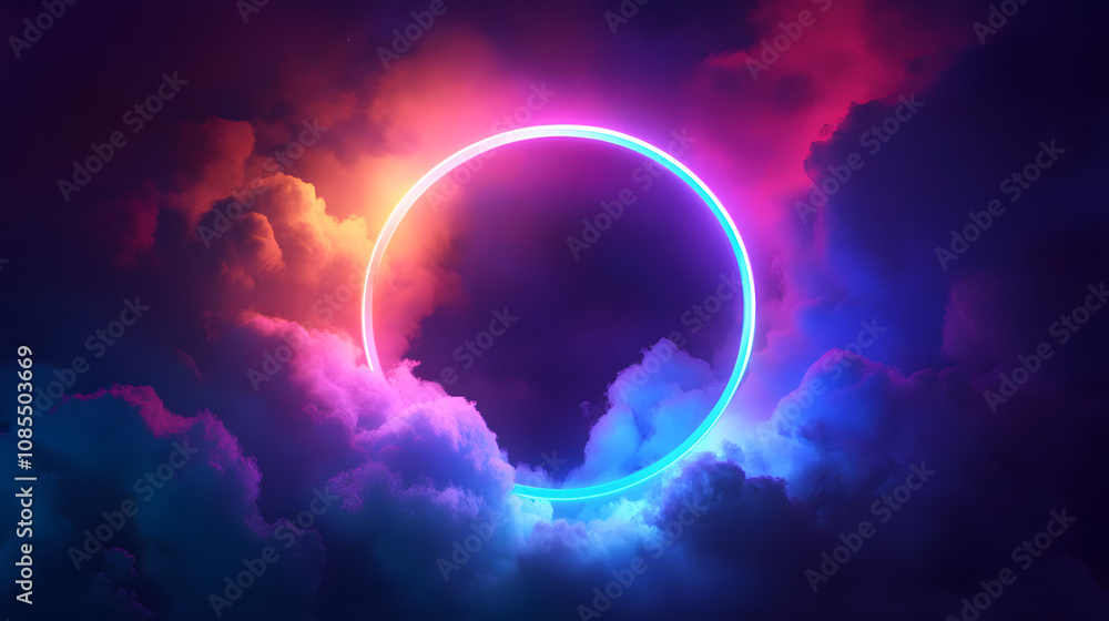 3d render, colorful neon ring glowing inside the stormy cloud on the dark sky, abstract background 3d render, colorful neon ring glowing inside the stormy cloud on the dark sky, abstract background