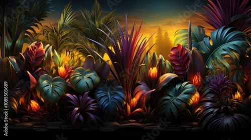 Wallpaper Mural Illustration of a tropical background in neon light in retro style  Torontodigital.ca