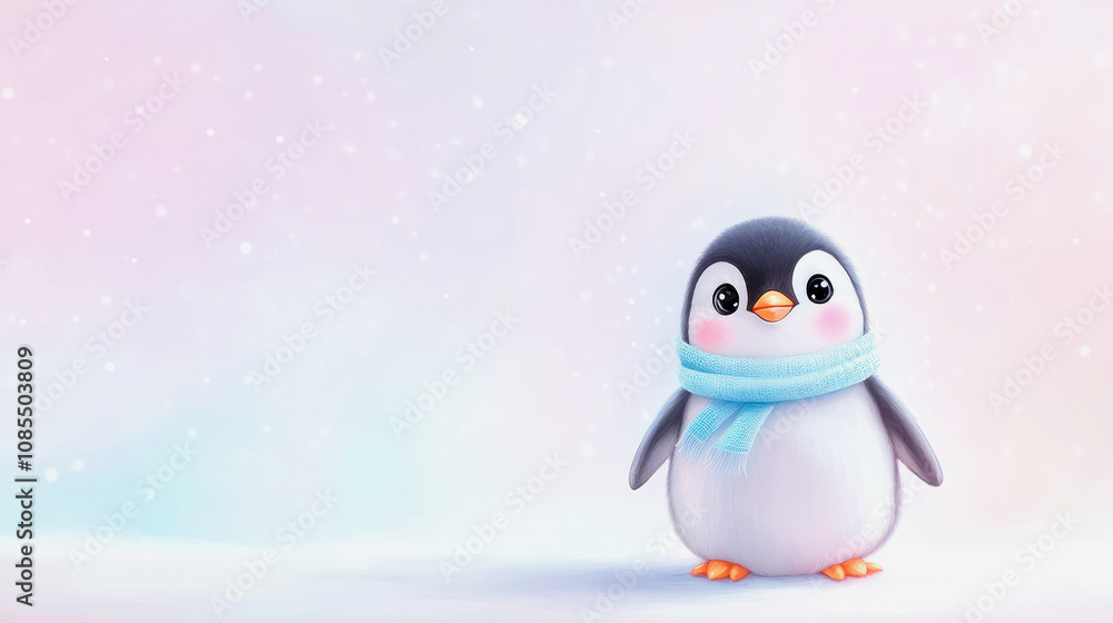 Cute pastel illustration of a penguin wearing a cozy scarf on a winter day. Generative AI Cute pastel illustration of a penguin wearing a cozy scarf on a winter day. Generative AI