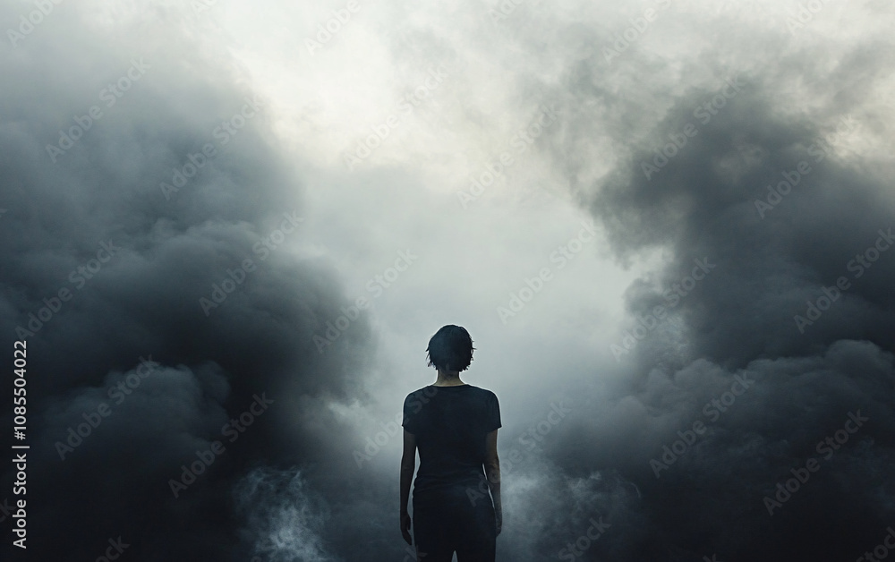 Mysterious Silhouetted Figure in a Dramatic Misty Landscape Surrounded by Swirling Clouds and Ethereal Atmosphere Mysterious Silhouetted Figure in a Dramatic Misty Landscape Surrounded by Swirling Clouds and Ethereal Atmosphere