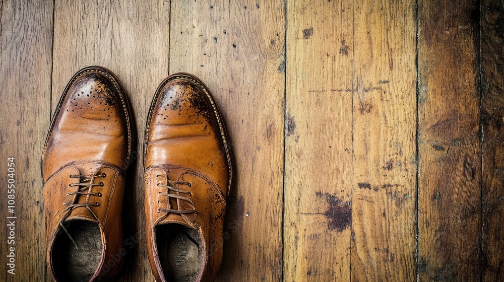 Elegant Brown Dress Shoes Displayed on Rustic Wood Flooring, Showcasing Classic Style and Craftsmanship for Fashion and Lifestyle Themes Elegant Brown Dress Shoes Displayed on Rustic Wood Flooring, Showcasing Classic Style and Craftsmanship for Fashion and Lifestyle Themes