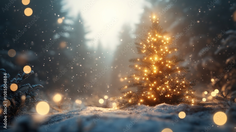 Snowy forest with a glowing Christmas tree. Snowy forest with a glowing Christmas tree.