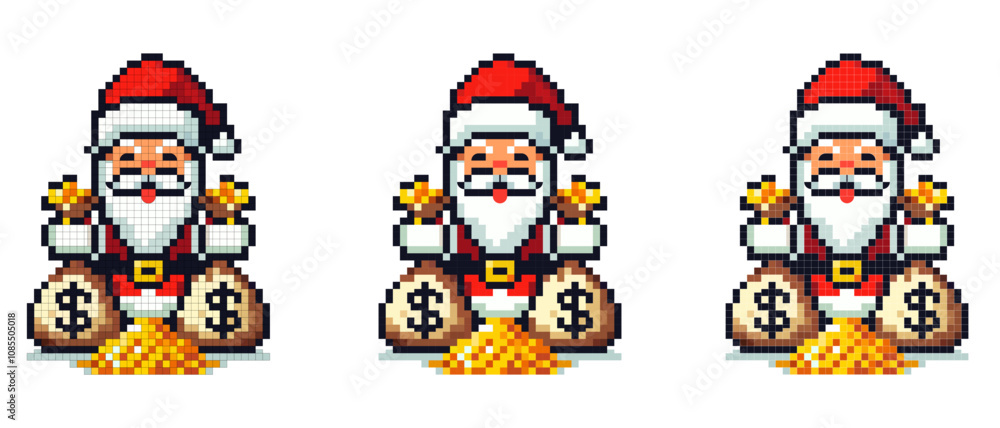 Pixel art image shows Santa Claus holding gold coins with two money bags and a pile of gold in front of him. Pixel art image shows Santa Claus holding gold coins with two money bags and a pile of gold in front of him.