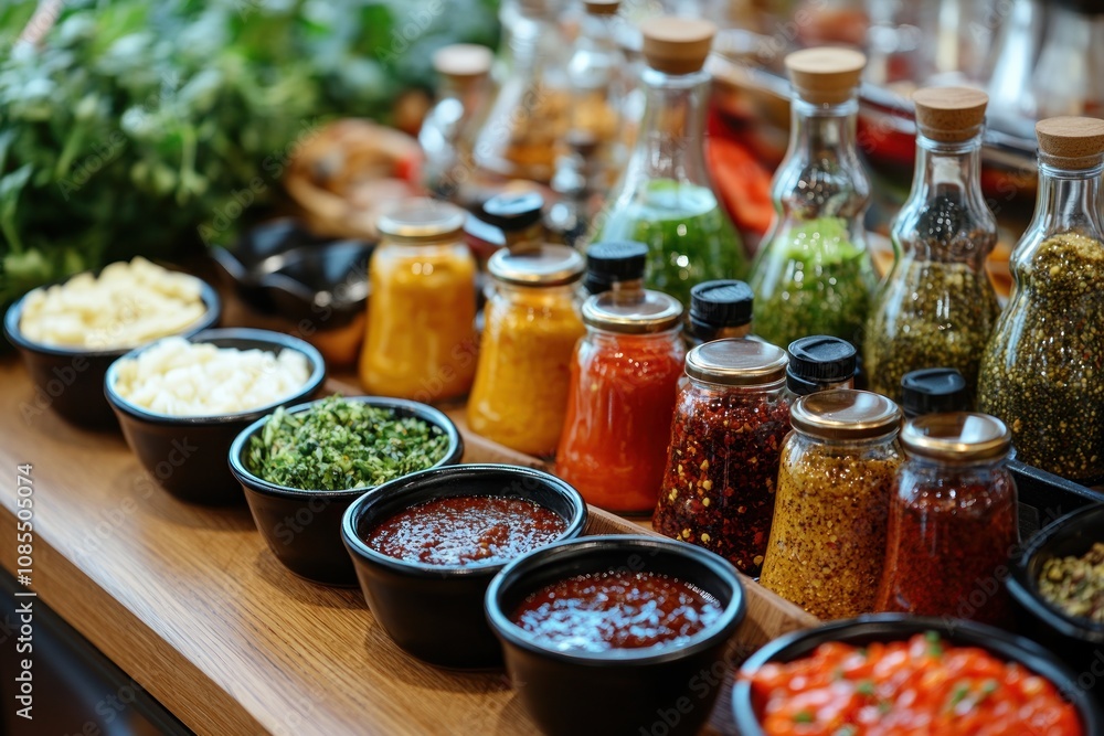 A variety of sauces and toppings on display. A variety of sauces and toppings on display.