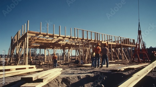 Starting wooden framework, beams and supports going up, workers in background, blue sky above photo