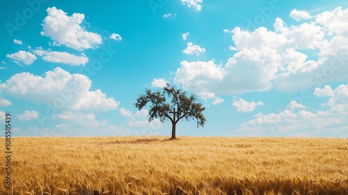 Solitary Cross Shaped Tree in Golden Wheat Field Under Bright Sky