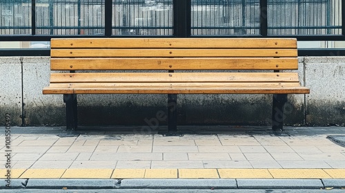 Fototapeta Naklejka Na Ścianę i Meble -  Wooden Bench in Urban Setting at Public Transport Station with Industrial Style and Modern Architecture Background for Relaxation and Waiting