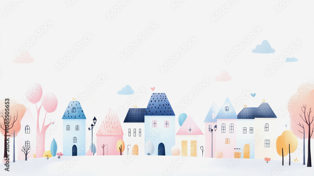 Charming pastel village landscape with colorful houses and serene atmosphere. Generative AI Charming pastel village landscape with colorful houses and serene atmosphere. Generative AI