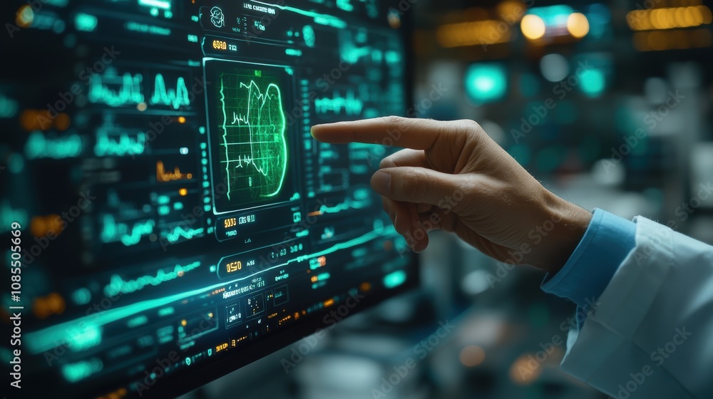 A doctor is examining a patient's electrocardiogram on a monitor to make a diagnosis before heart surgery on the patient.
A doctor is examining a patient's electrocardiogram on a monitor to make a diagnosis before heart surgery on the patient.