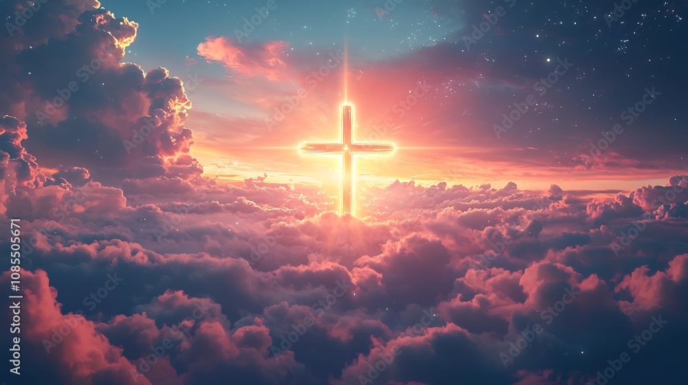 Fototapeta premium Cross of Clouds A Heavenly Beacon of Hope and Divinity at Sunset