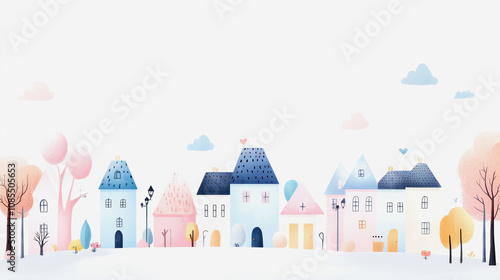 Charming pastel village landscape with colorful houses and serene atmosphere. Generative AI