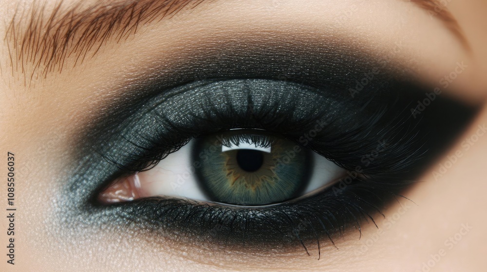 Fototapeta premium Stunning Close-Up of an Eye with Dramatic Smoky Eyeshadow and Natural Iris Color Enhancing Beauty and Elegance in Artistic Makeup Photography
