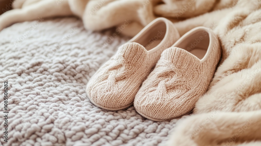 Cozy knitted slippers resting on a soft plush blanket, embodying warmth and comfort in a serene indoor setting for relaxation and tranquility Cozy knitted slippers resting on a soft plush blanket, embodying warmth and comfort in a serene indoor setting for relaxation and tranquility