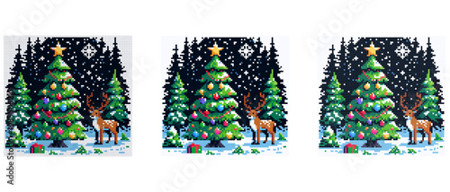 A decorated Christmas tree with colorful ornaments stands in a snowy forest with a reindeer nearby under a starry night sky.