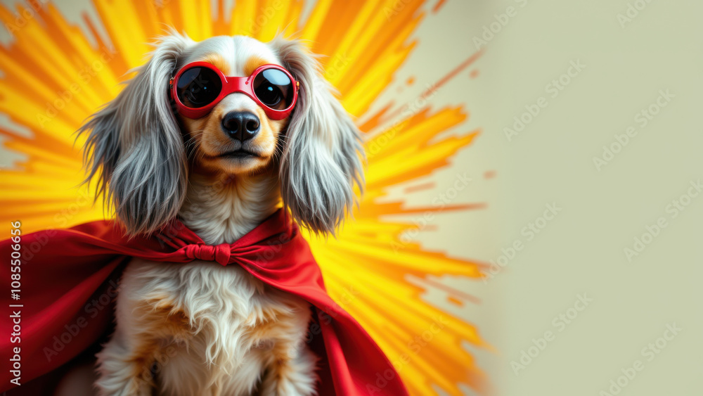 Naklejka premium A cartoon depiction of a heroic-looking dachshund dog wearing sunglasses with a bright background, possibly for pet-themed merchandise or entertainment.