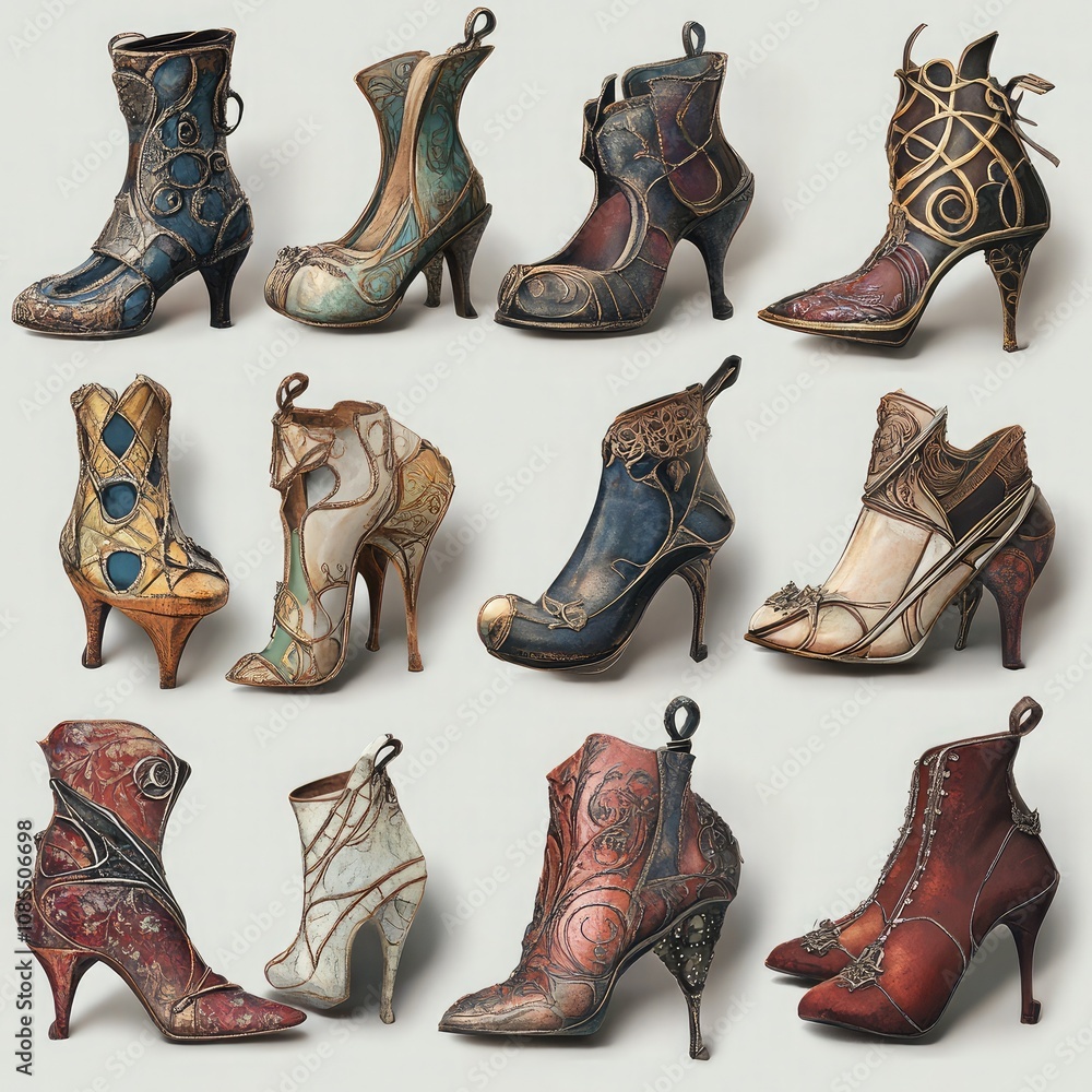 A Stunning Collection of Unique High Heeled Boots Showcasing Intricate Designs, Colorful Patterns, and Artistic Craftsmanship for Fashion Enthusiasts and Designers A Stunning Collection of Unique High Heeled Boots Showcasing Intricate Designs, Colorful Patterns, and Artistic Craftsmanship for Fashion Enthusiasts and Designers
