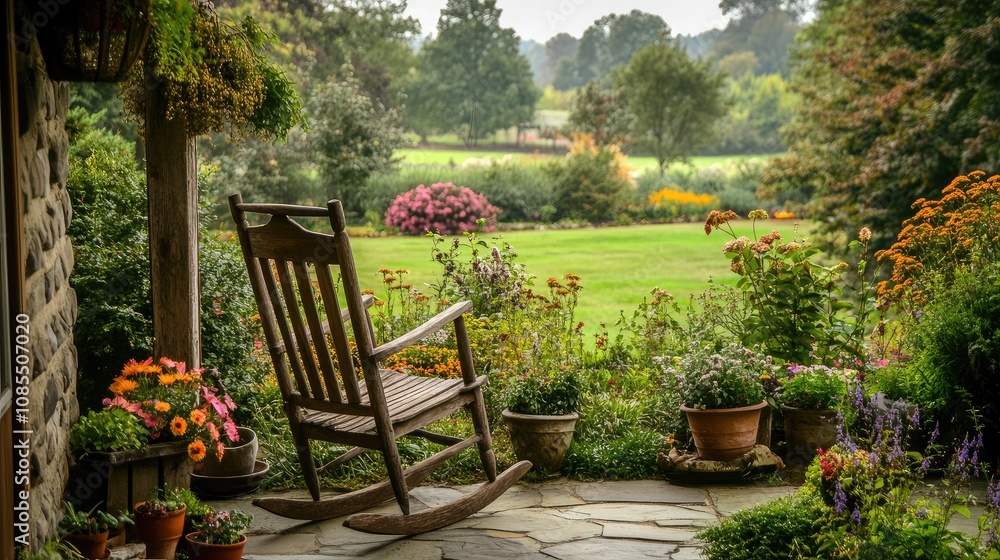 Obraz premium Serene Garden View with Rocking Chair Surrounded by Colorful Flowers and Lush Greenery in a Peaceful Landscape for Relaxation and Reflection