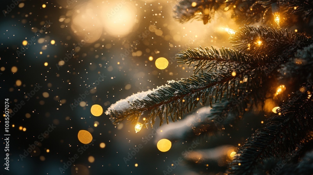 Snowy pine branch with warm lights and bokeh. Snowy pine branch with warm lights and bokeh.